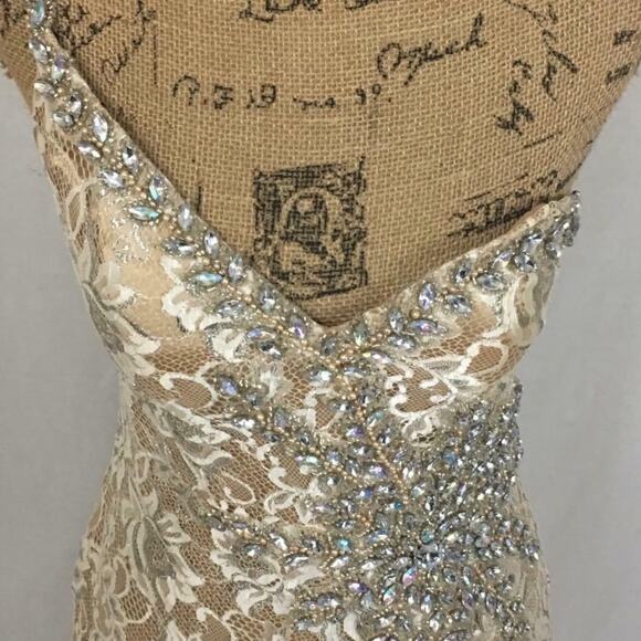 Terani Couture Sunburst Rhinestone & Lace Gold Cream Tan Cocktail Pageant Dress - Picture 4 of 16